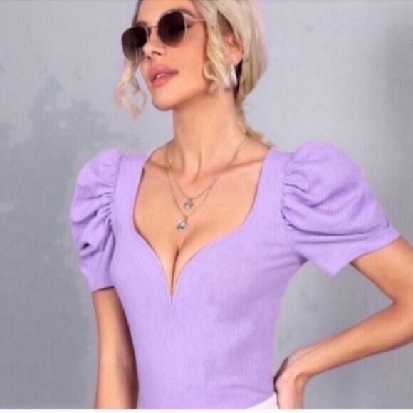 Puff Sleeve Rib-Knit Tee  Size XS - Picture 2 of 10